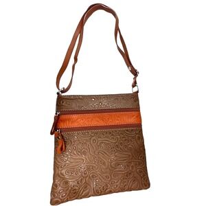 Genuine Leather Crossbody Bag Brown‎ Orange Embossed Made in Italy Small
